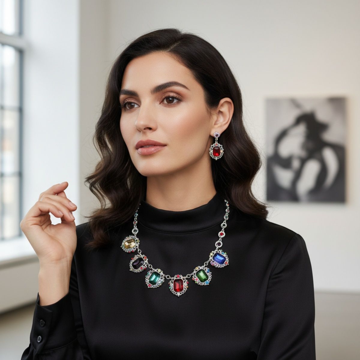 Statement Necklace Silver Filigree Multicolor Crystal Collar Stylish Chic Jewelry