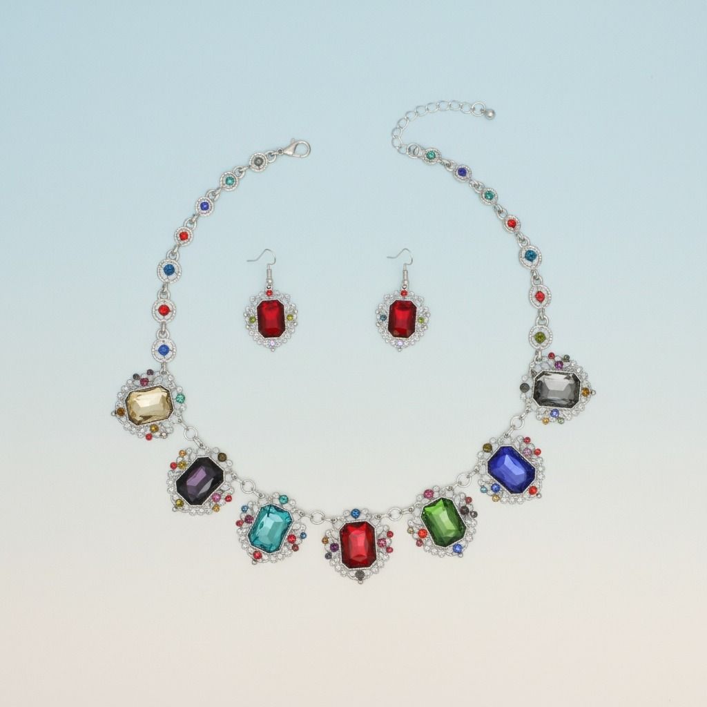 Statement Necklace Silver Filigree Multicolor Crystal Collar Stylish Chic Jewelry