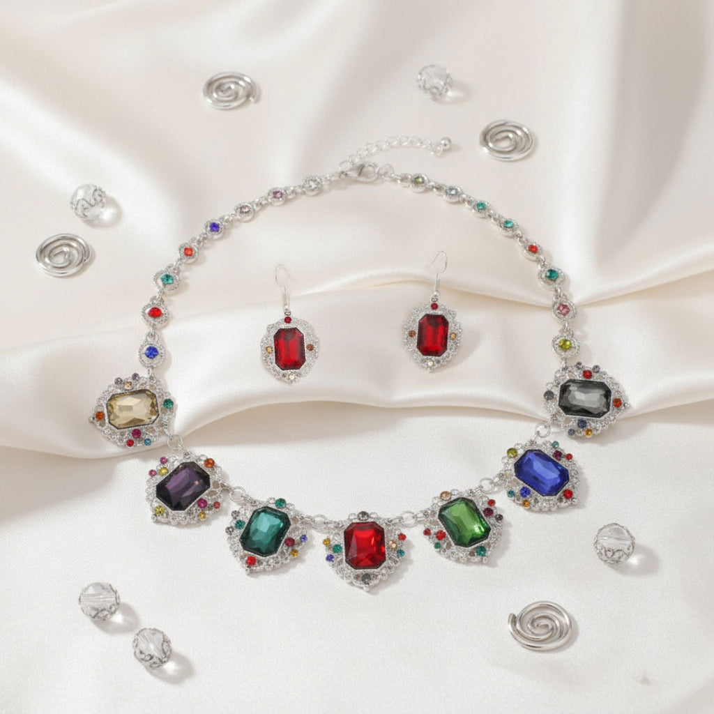 Statement Necklace Silver Filigree Multicolor Crystal Collar Stylish Chic Jewelry
