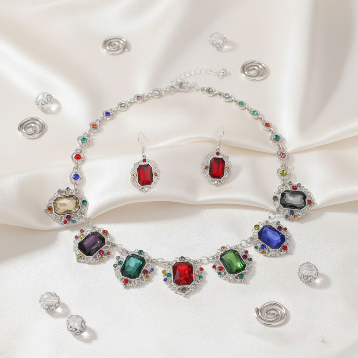 Statement Necklace Silver Filigree Multicolor Crystal Collar Stylish Chic Jewelry