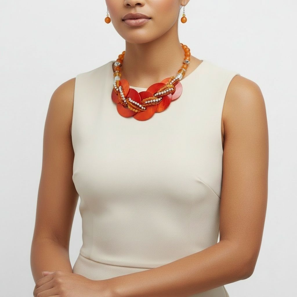 Beaded Collar Necklace with Orange Shell Discs for Women – Stylish Statement Jewelry