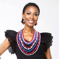 Statement 8-Strand Pearl Necklace Set in Red White Blue, Stylish Layered Jewelry
