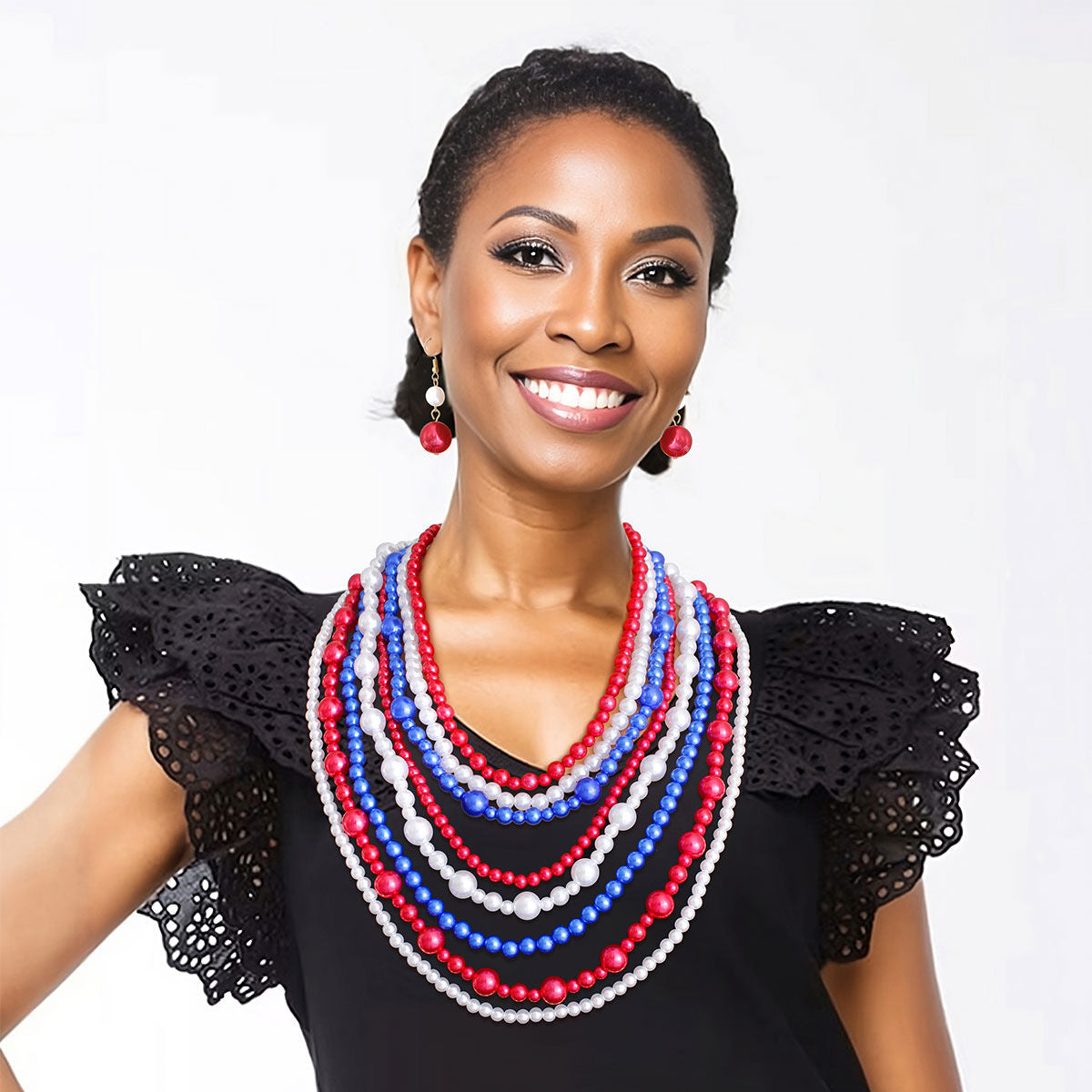 Statement 8-Strand Pearl Necklace Set in Red White Blue, Stylish Layered Jewelry