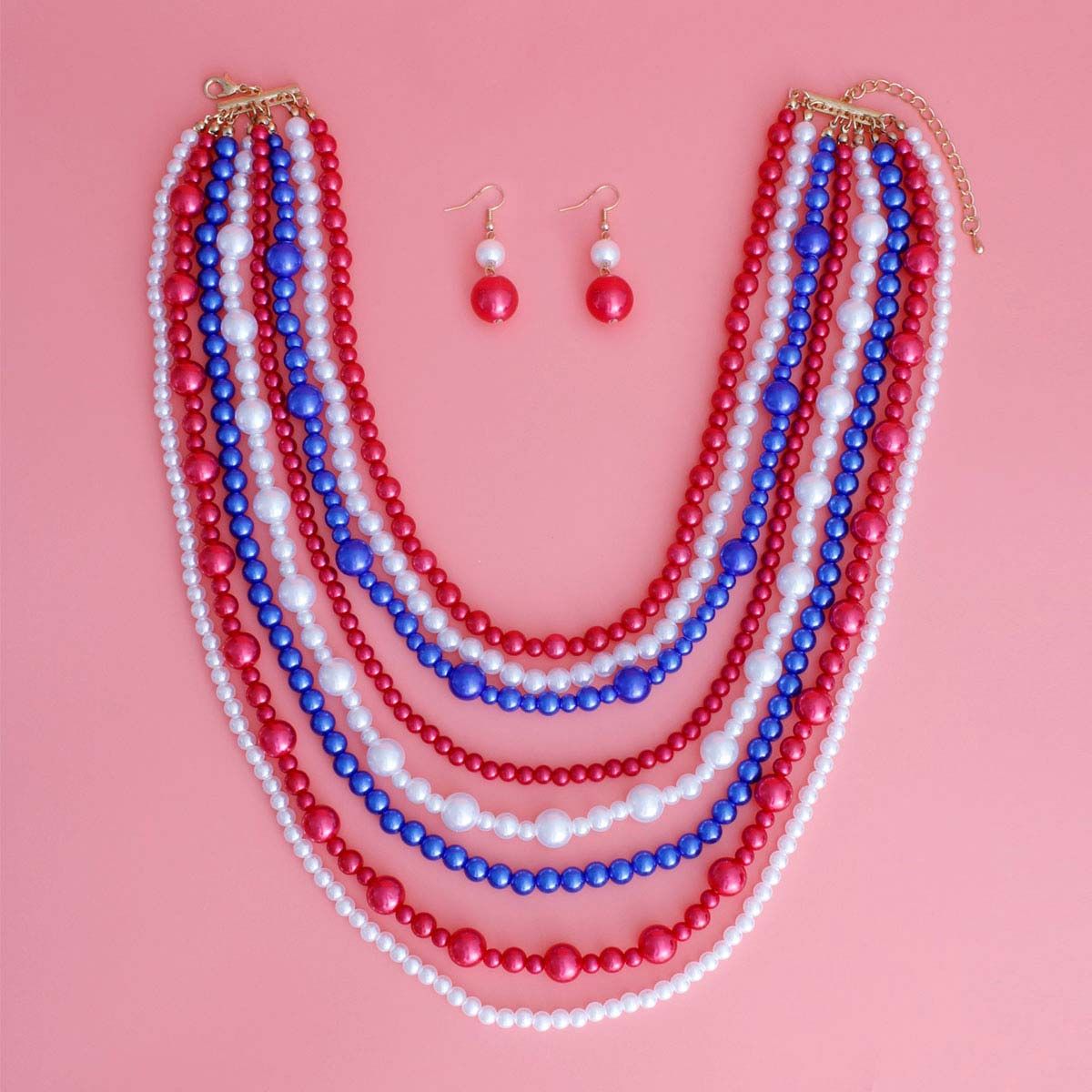 Statement 8-Strand Pearl Necklace Set in Red White Blue, Stylish Layered Jewelry