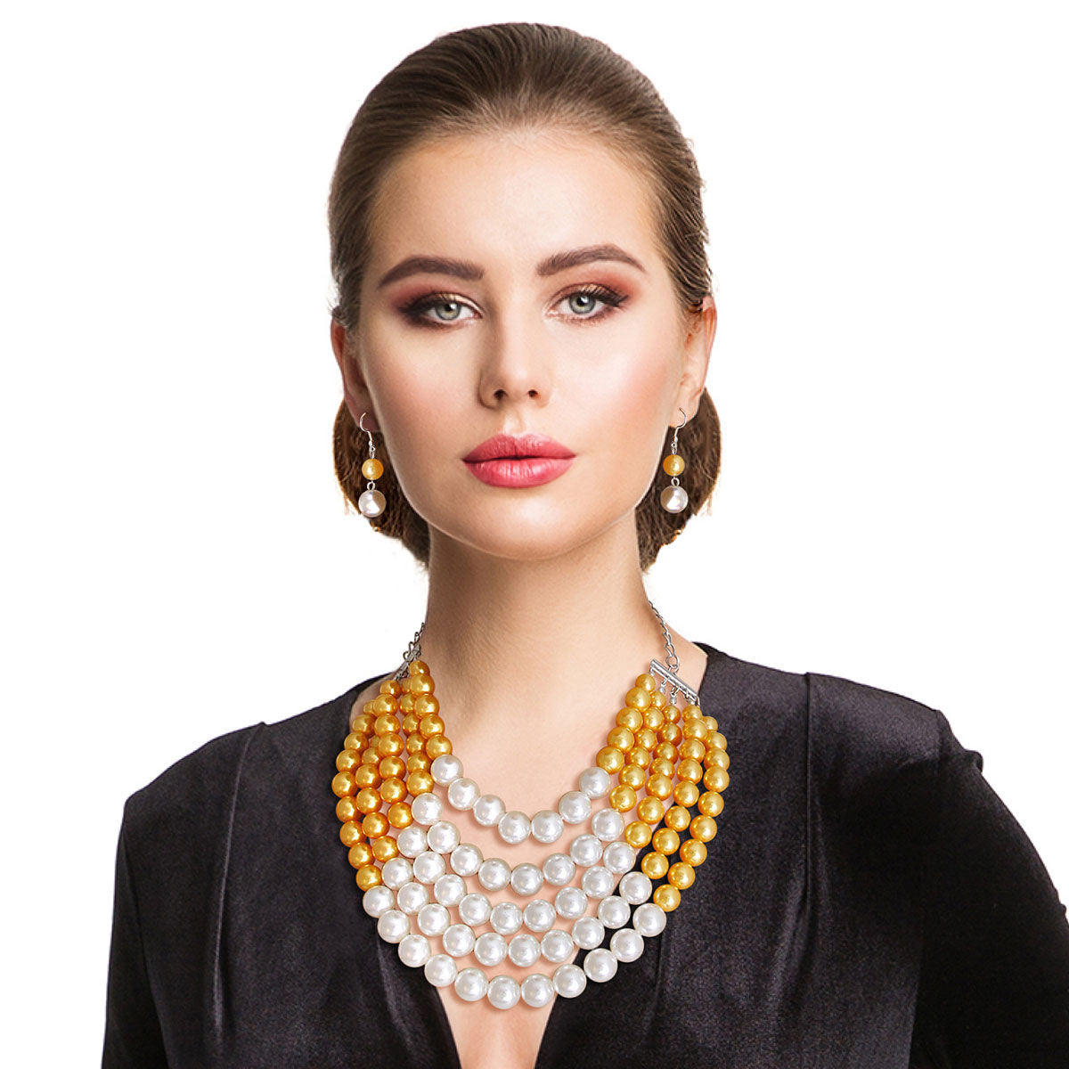 Statement 5 Row Pearl Necklace in Orange and Cream, Trendy Layered Jewelry