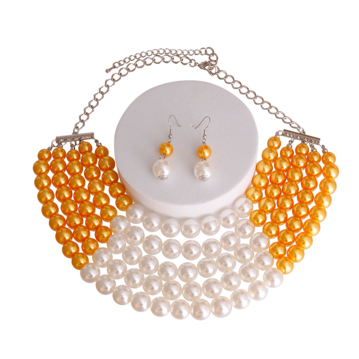 Statement 5 Row Pearl Necklace in Orange and Cream, Trendy Layered Jewelry