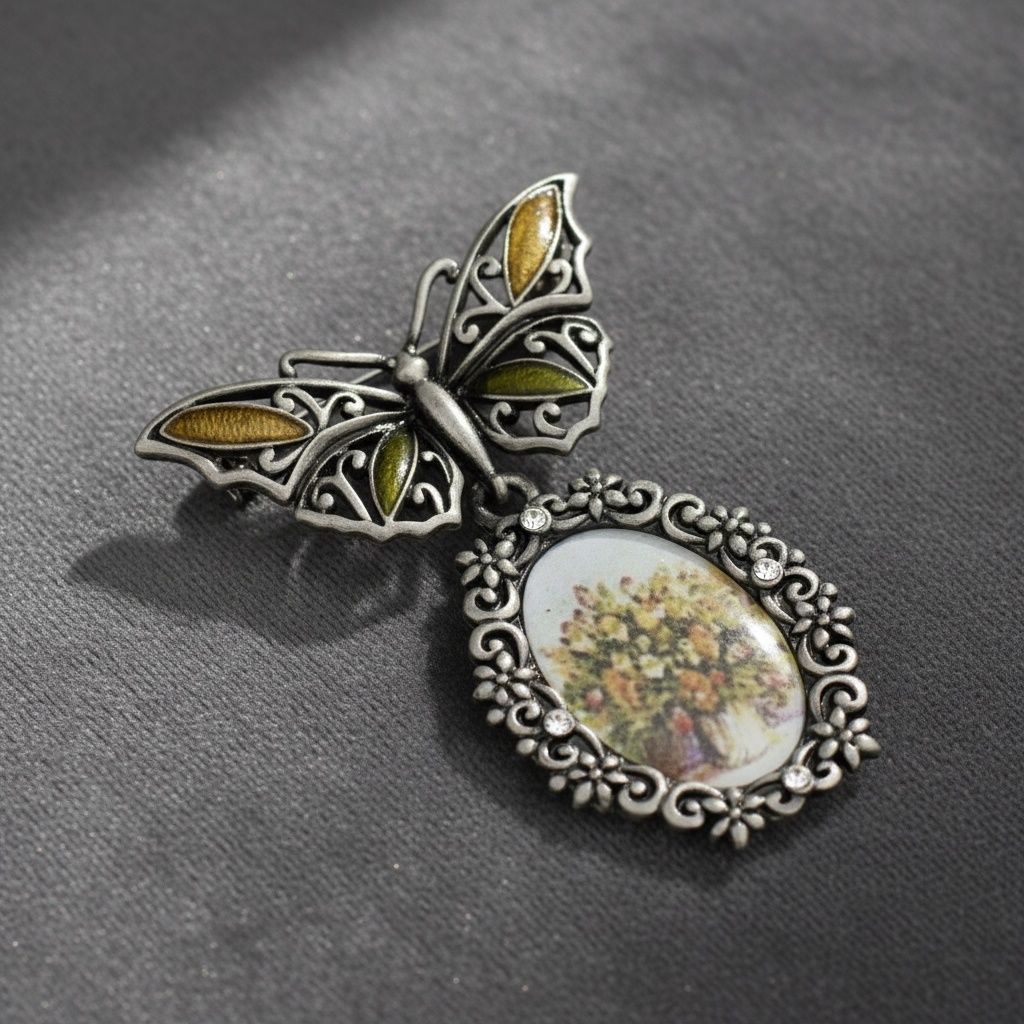 Statement Brooch Antique Butterfly Oval Picture Frame Pin Stylish Accessory