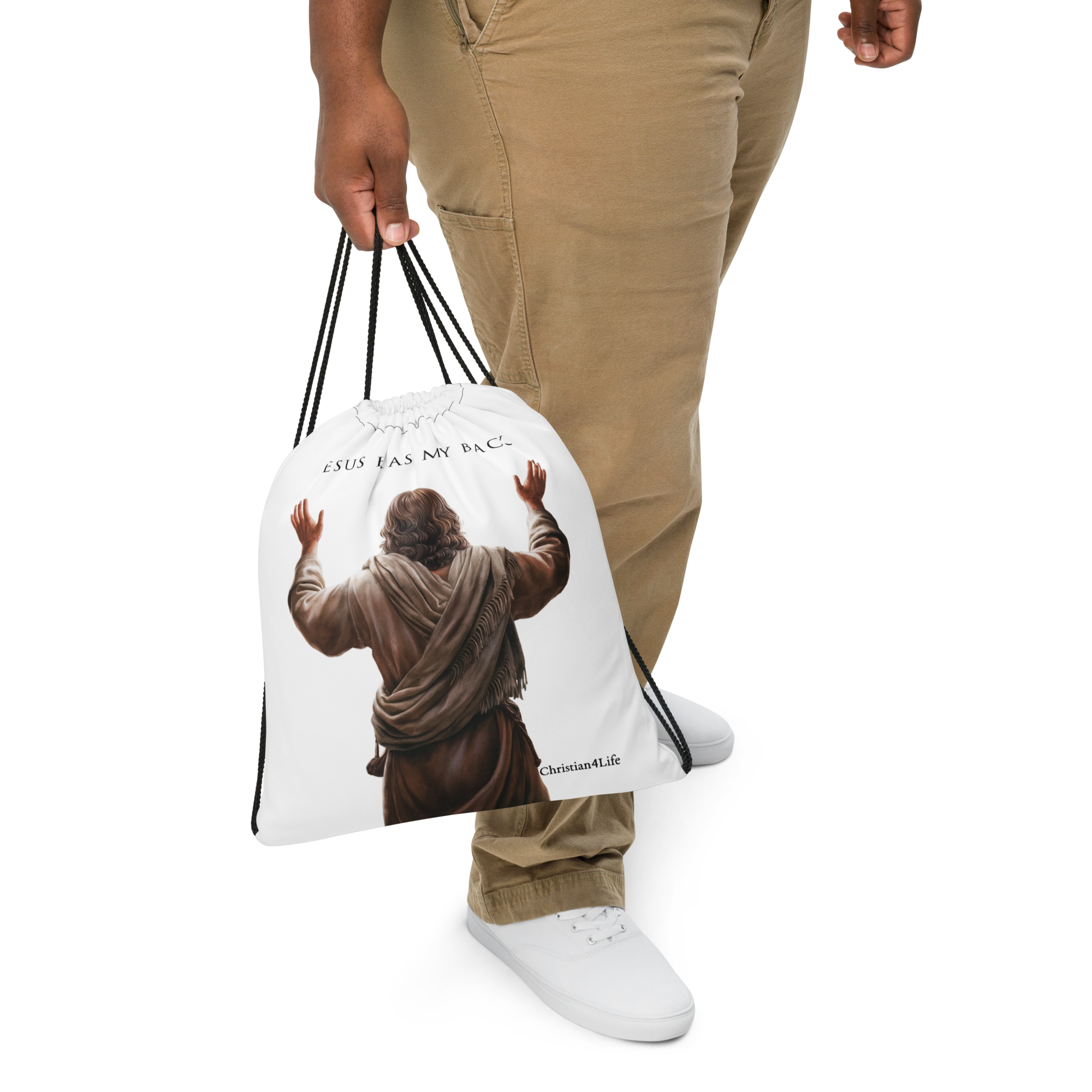 "Jesus Has My Back" Drawstring bag  15″ × 17″ (white)