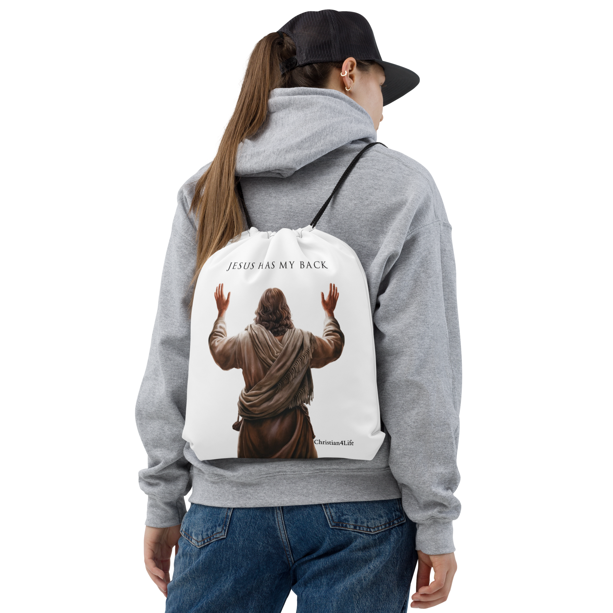 "Jesus Has My Back" Drawstring bag  15″ × 17″ (white)