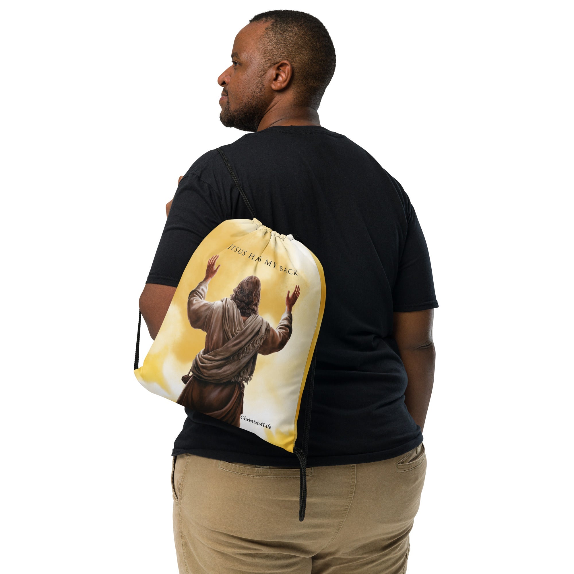 "Jesus Has My Back" Drawstring bag 15″ × 17″ (yellow tie-dye)