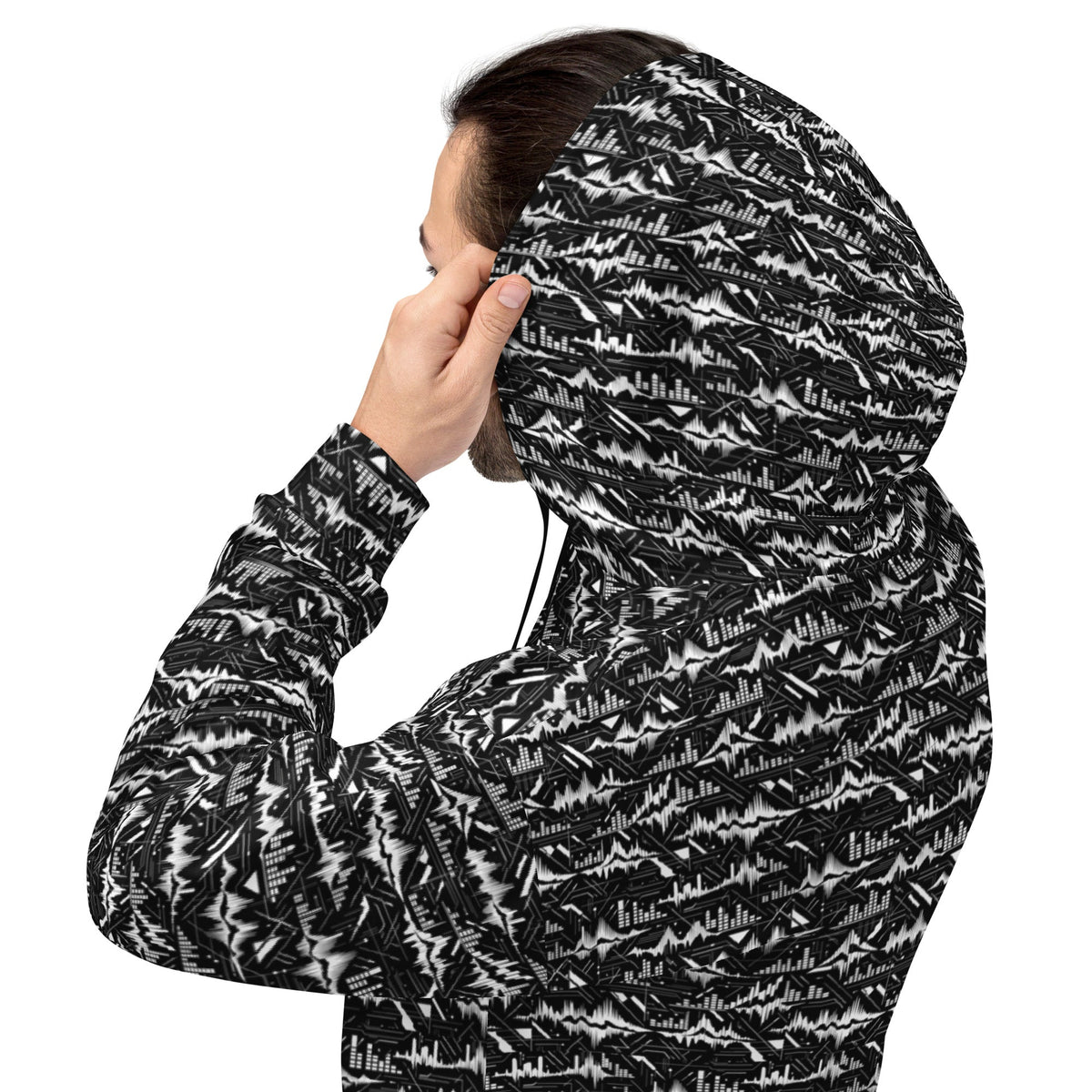 Glitch Soundwave Grid Hoodie – Limited Drop – Black White Neo-Futurist All-Over Print