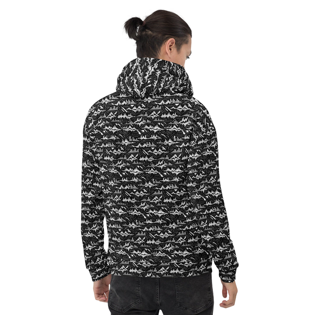 Glitch Soundwave Grid Hoodie – Limited Drop – Black White Neo-Futurist All-Over Print