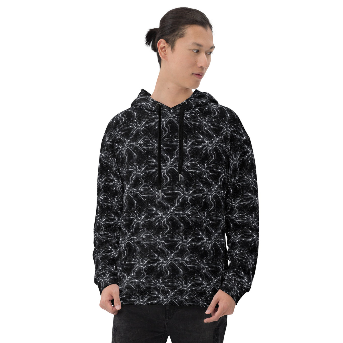 Glitched Circuitry Hoodie – Limited Drop – Black White Tech All-Over Print