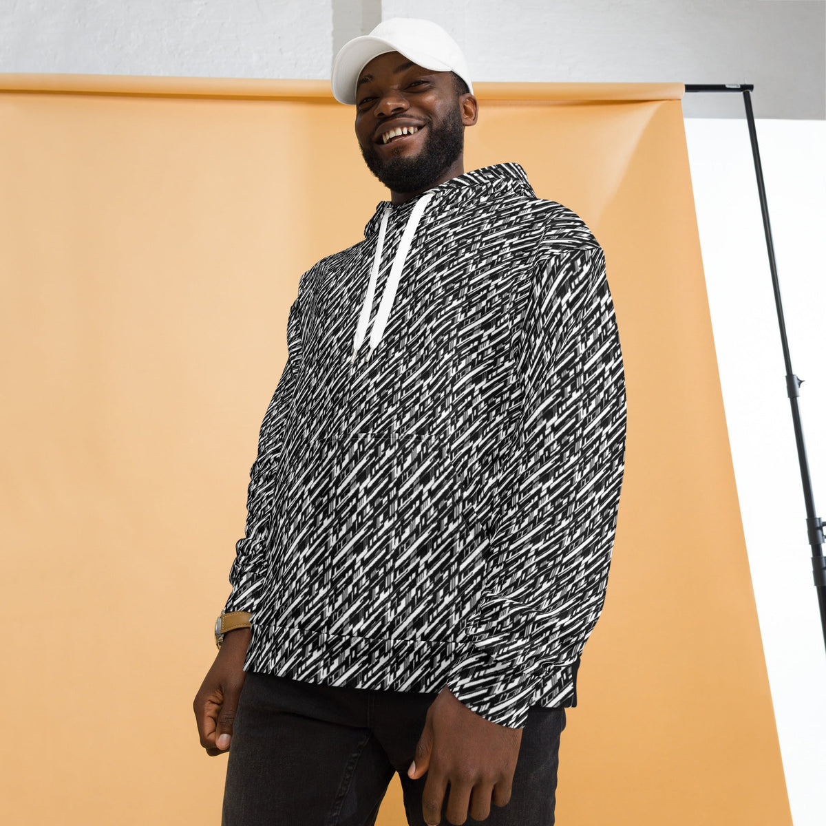 High-Energy Glitch Stripe Hoodie – Limited Drop – Black White Futuristic All-Over Print