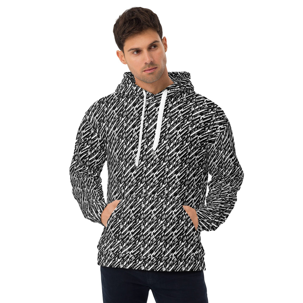 High-Energy Glitch Stripe Hoodie – Limited Drop – Black White Futuristic All-Over Print