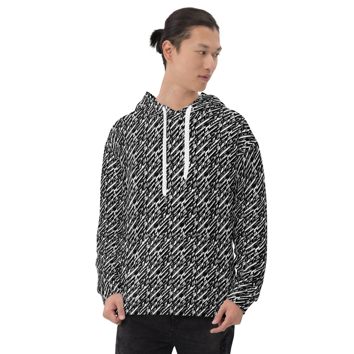 High-Energy Glitch Stripe Hoodie – Limited Drop – Black White Futuristic All-Over Print