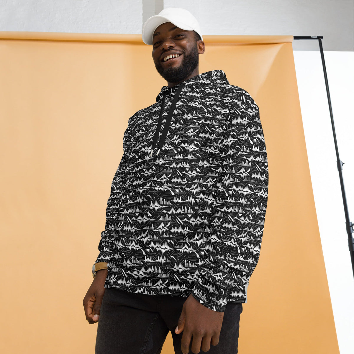 Glitch Soundwave Grid Hoodie – Limited Drop – Black White Neo-Futurist All-Over Print