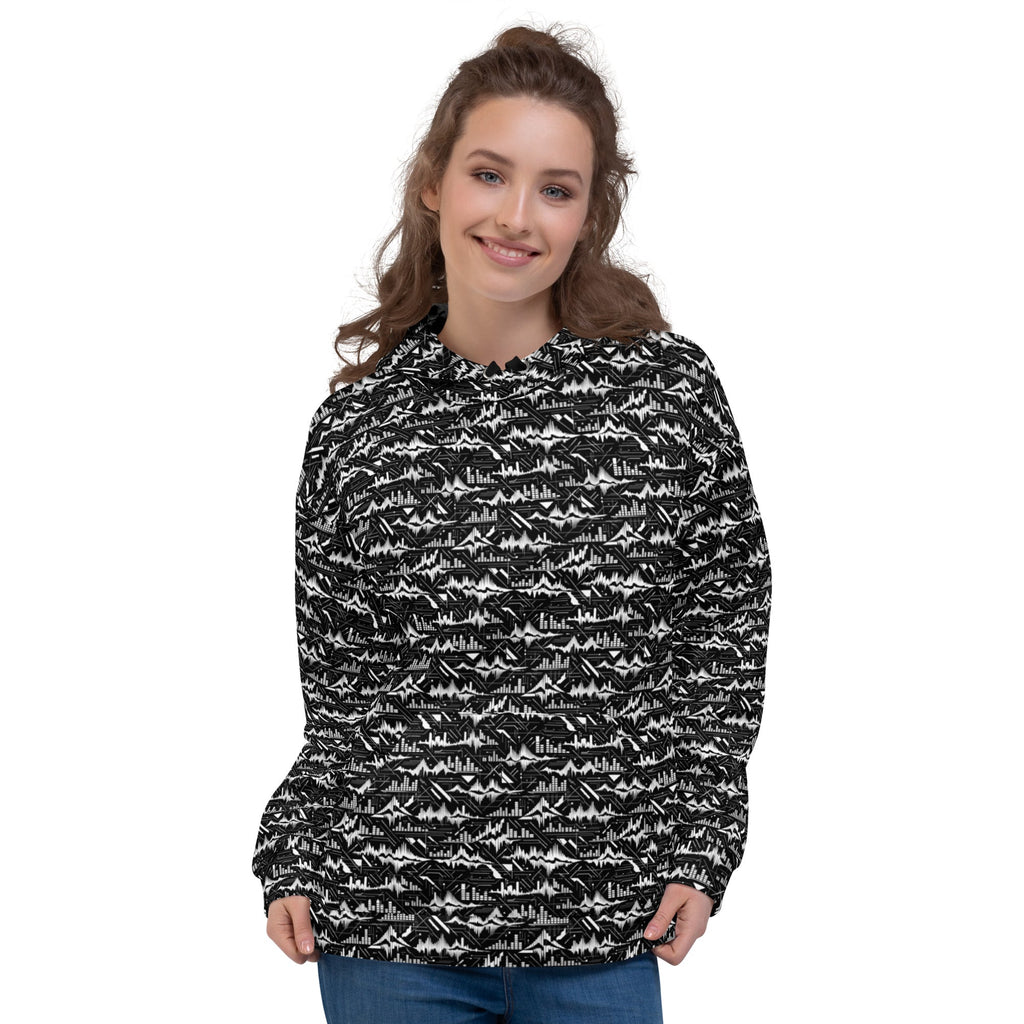 Glitch Soundwave Grid Hoodie – Limited Drop – Black White Neo-Futurist All-Over Print