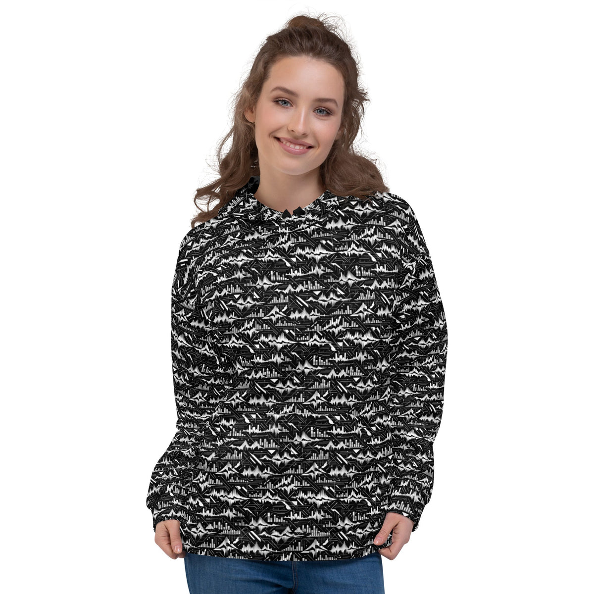 Glitch Soundwave Grid Hoodie – Limited Drop – Black White Neo-Futurist All-Over Print