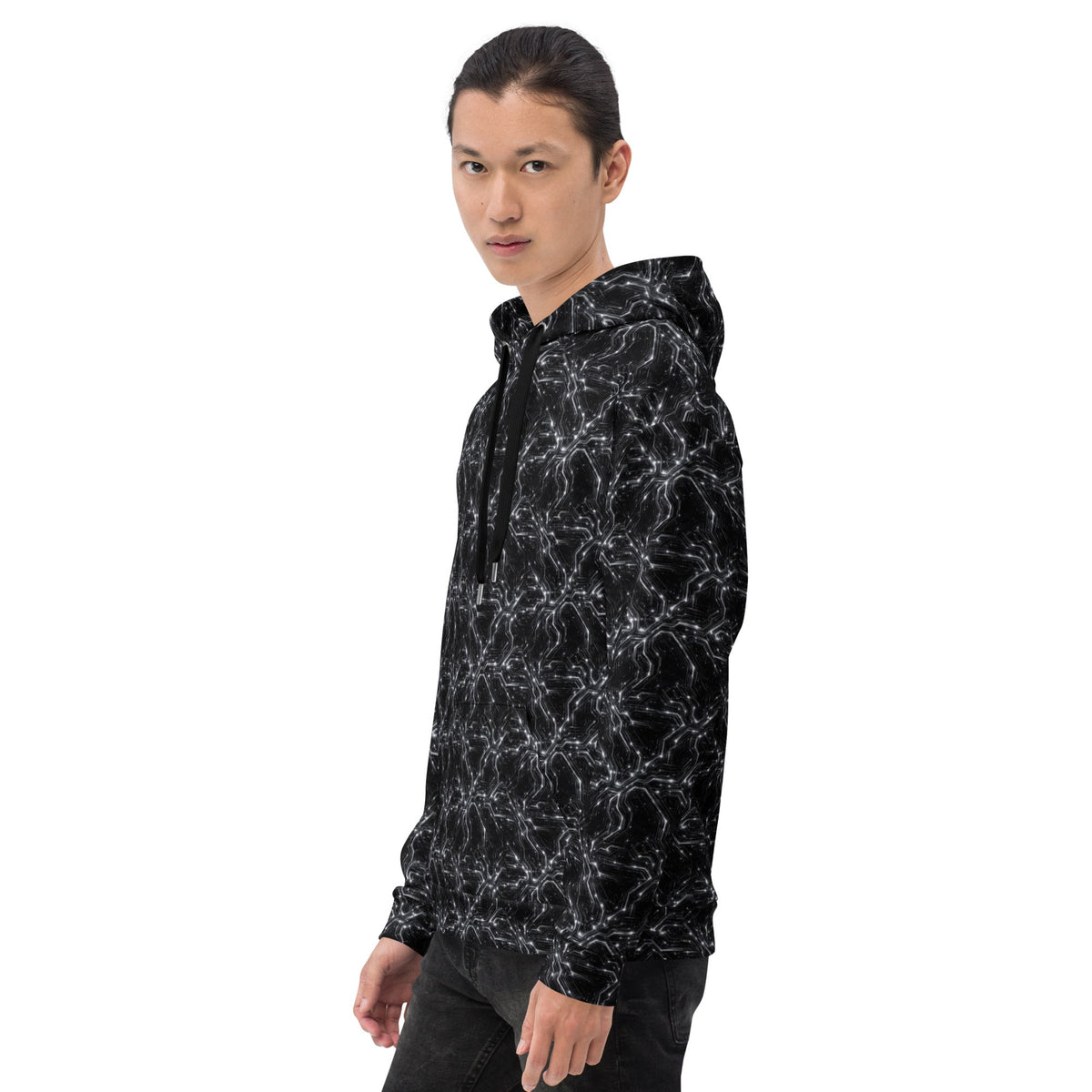 Glitched Circuitry Hoodie – Limited Drop – Black White Tech All-Over Print