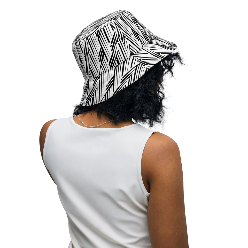 Glitch Stripe Reversible Bucket Hat – Limited Drop – Black White Neo-Futurist All-Over Print