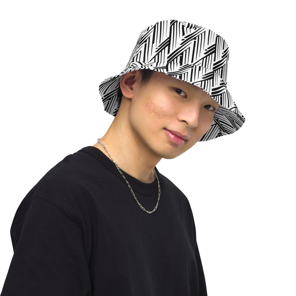 Glitch Stripe Reversible Bucket Hat – Limited Drop – Black White Neo-Futurist All-Over Print