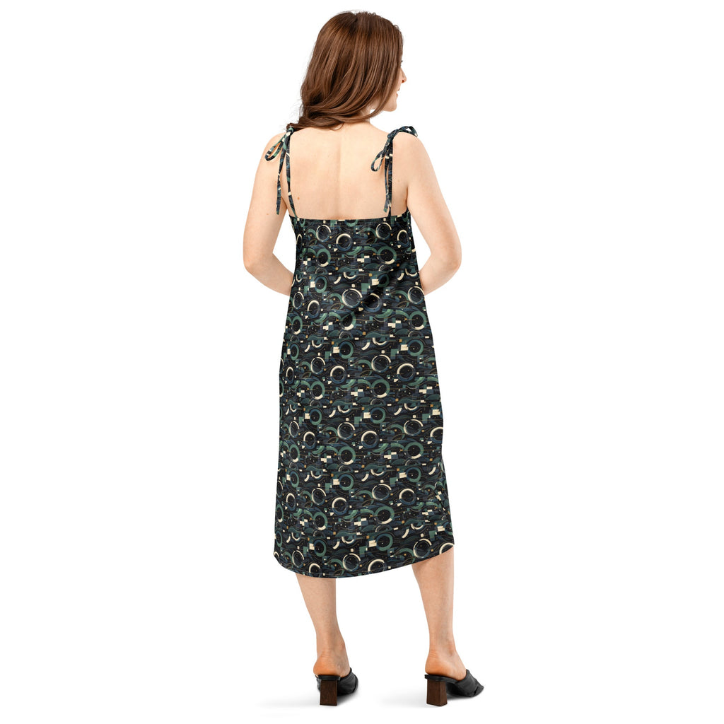 Modern Geometric Midi Dress – Limited Drop – Black Green All-Over Print Chiffon Slip