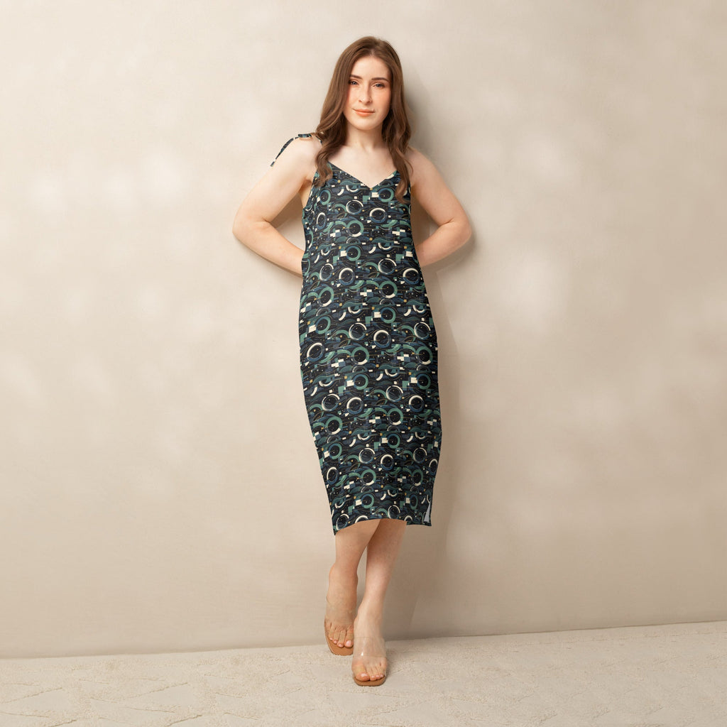 Modern Geometric Midi Dress – Limited Drop – Black Green All-Over Print Chiffon Slip