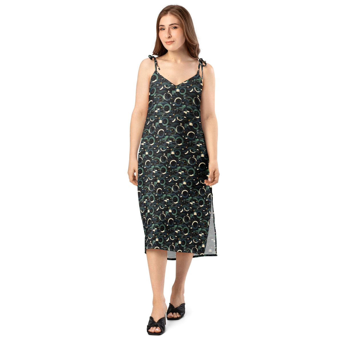 Modern Geometric Midi Dress – Limited Drop – Black Green All-Over Print Chiffon Slip