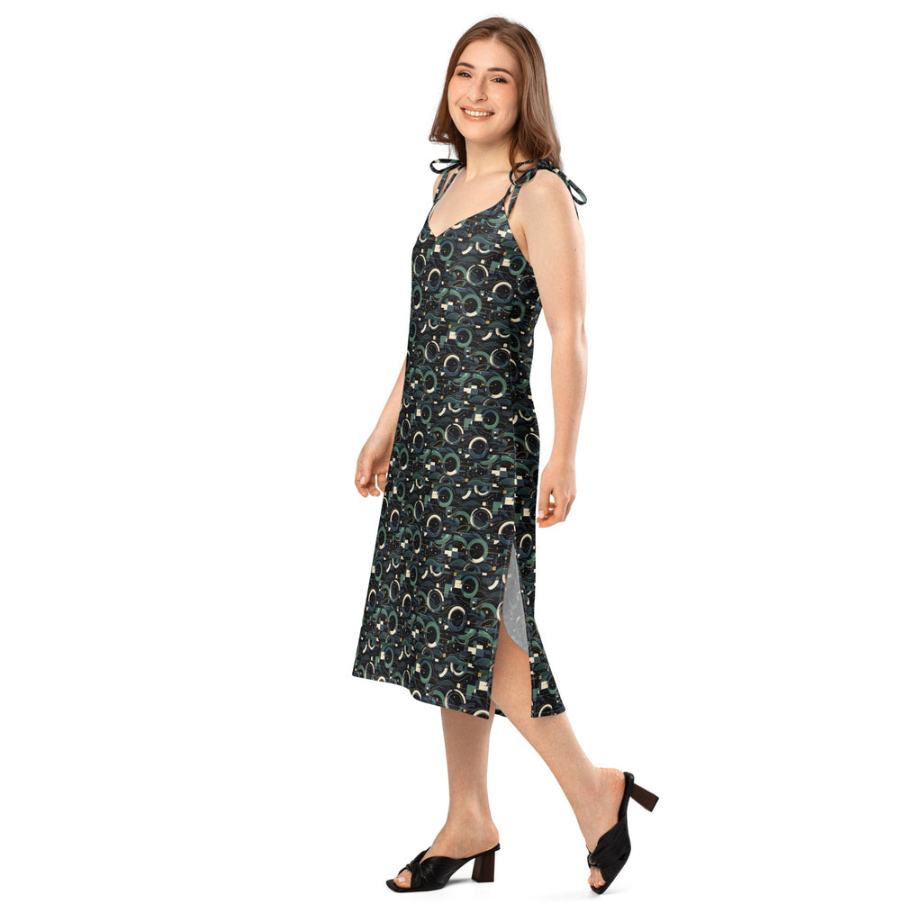 Modern Geometric Midi Dress – Limited Drop – Black Green All-Over Print Chiffon Slip