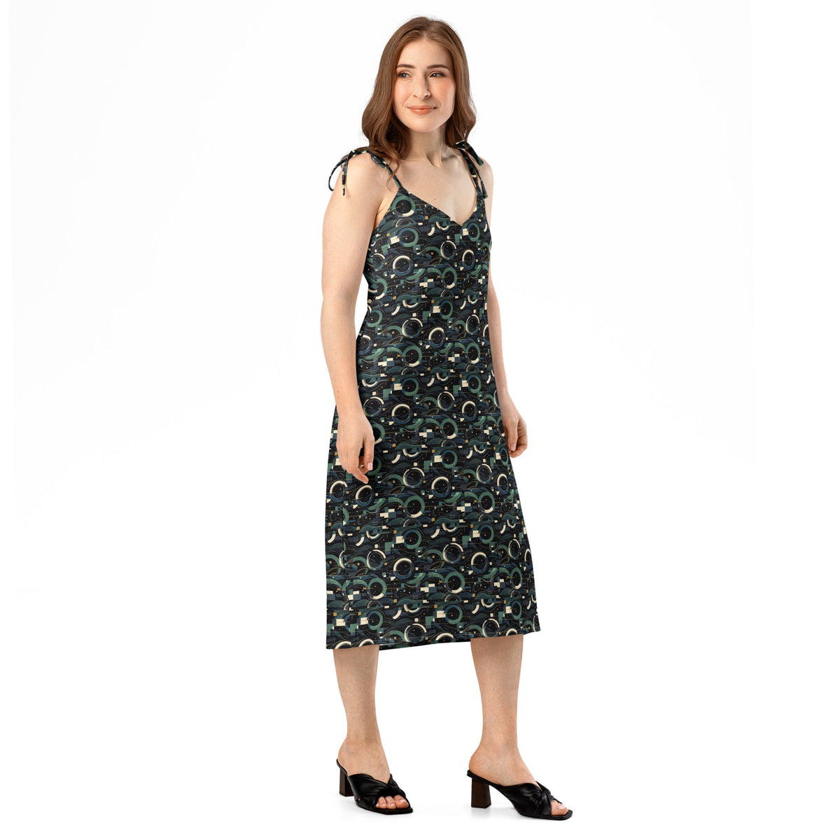 Modern Geometric Midi Dress – Limited Drop – Black Green All-Over Print Chiffon Slip