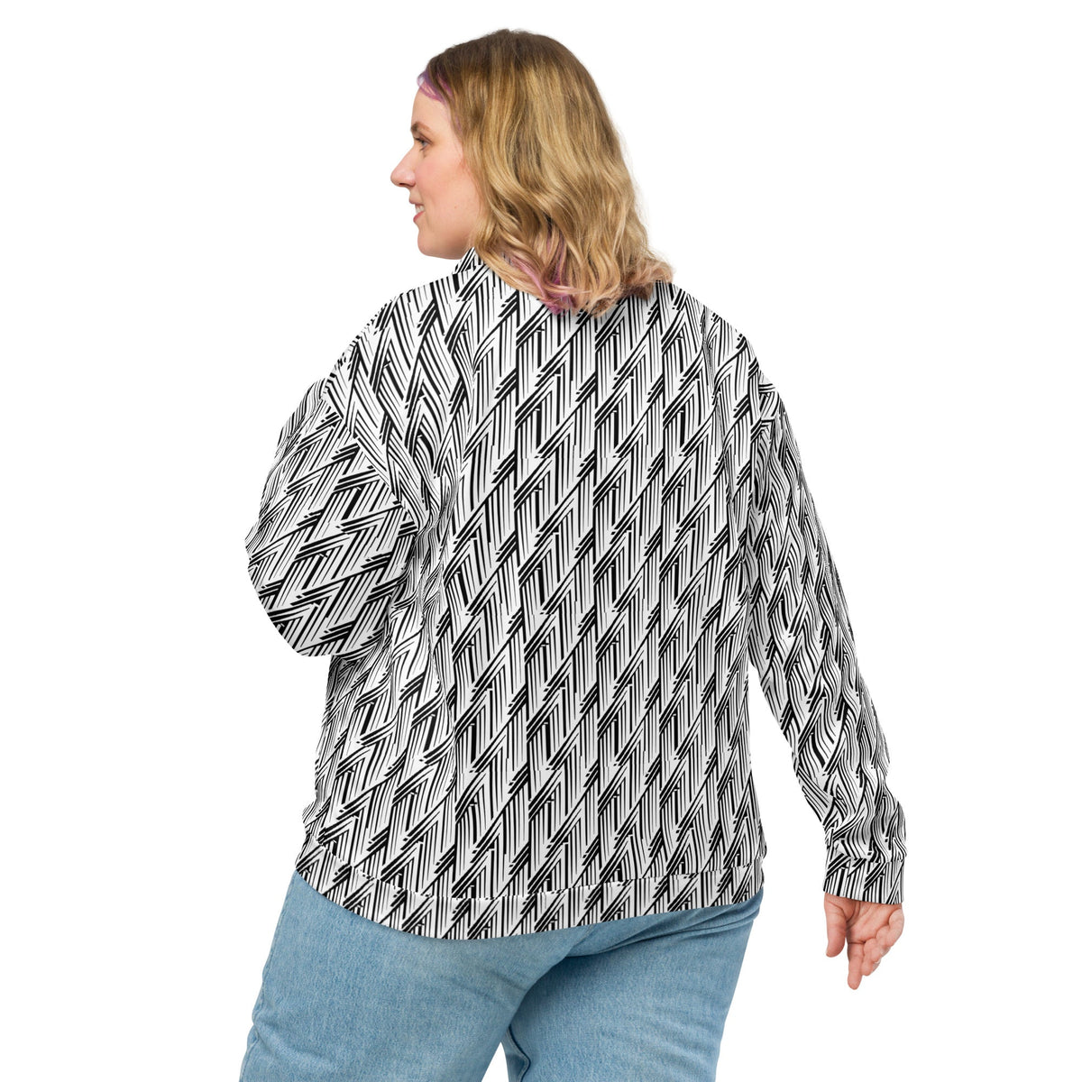 Glitch Stripe Bomber Jacket – Limited Drop – Black White Neo-Futurist All-Over Print