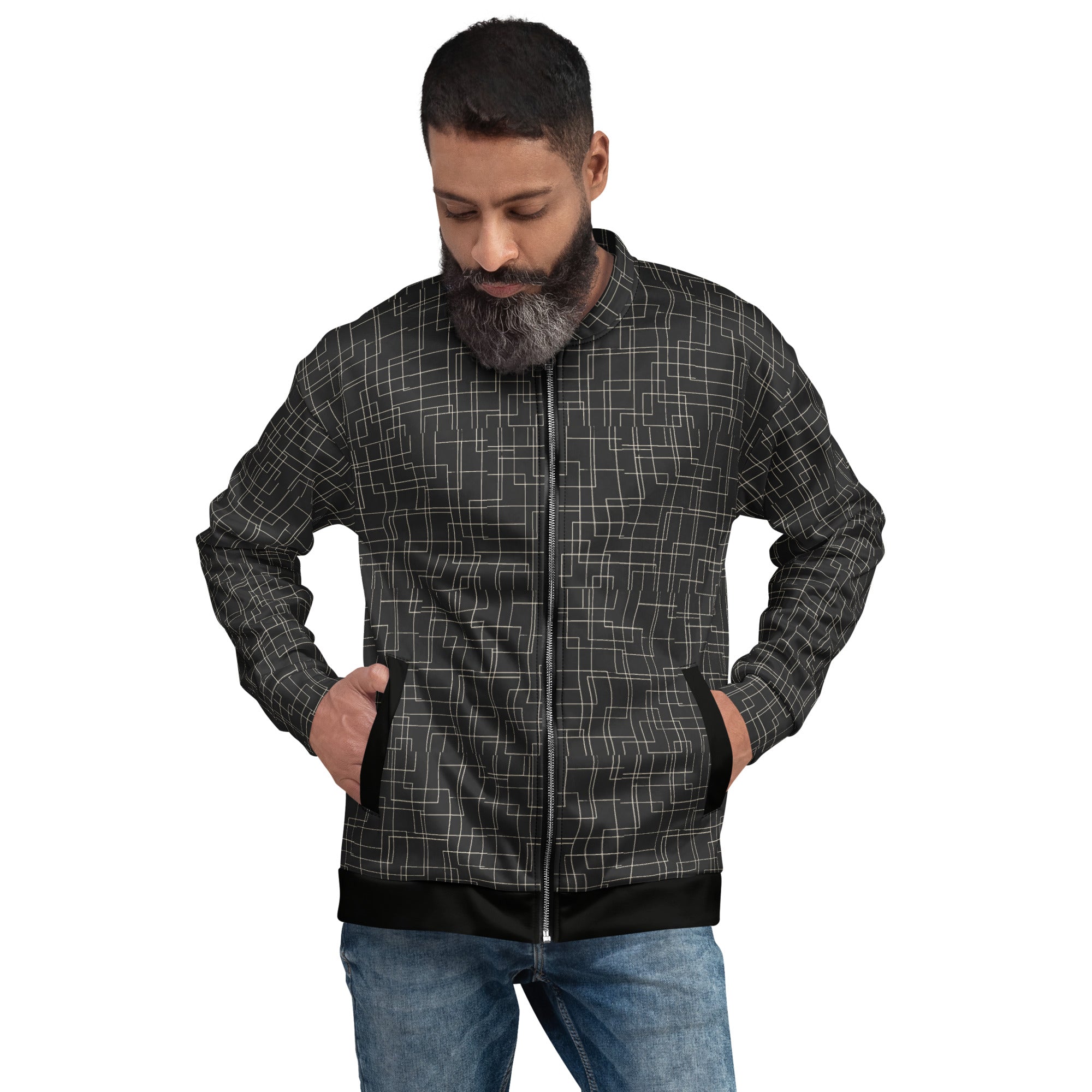 Architectural Silence Bomber Jacket – Limited Drop – Minimalist Brutalist Geometric All-Over Print Unisex