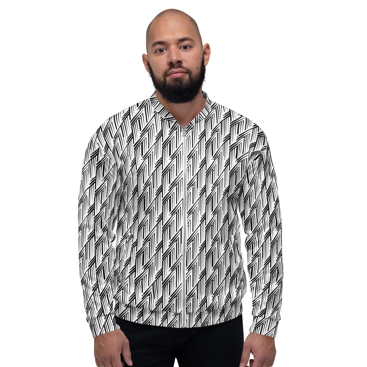 Glitch Stripe Bomber Jacket – Limited Drop – Black White Neo-Futurist All-Over Print