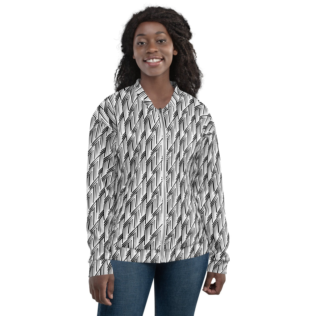 Glitch Stripe Bomber Jacket – Limited Drop – Black White Neo-Futurist All-Over Print