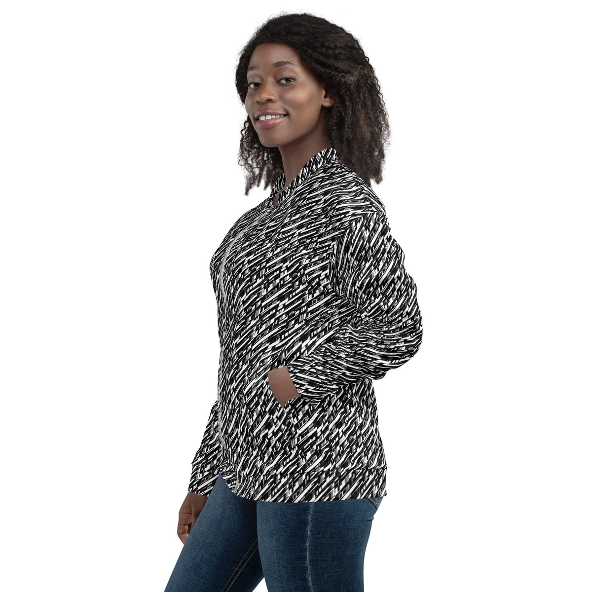 High-Energy Glitch Stripe Bomber Jacket – Limited Drop – Black White Futuristic All-Over Print