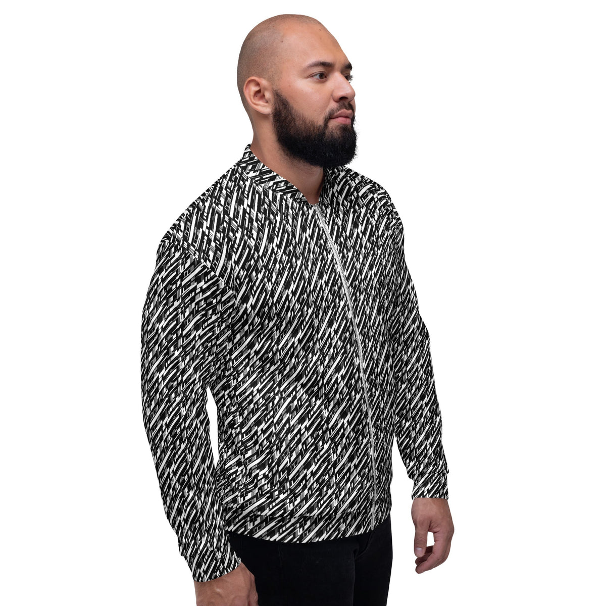 High-Energy Glitch Stripe Bomber Jacket – Limited Drop – Black White Futuristic All-Over Print