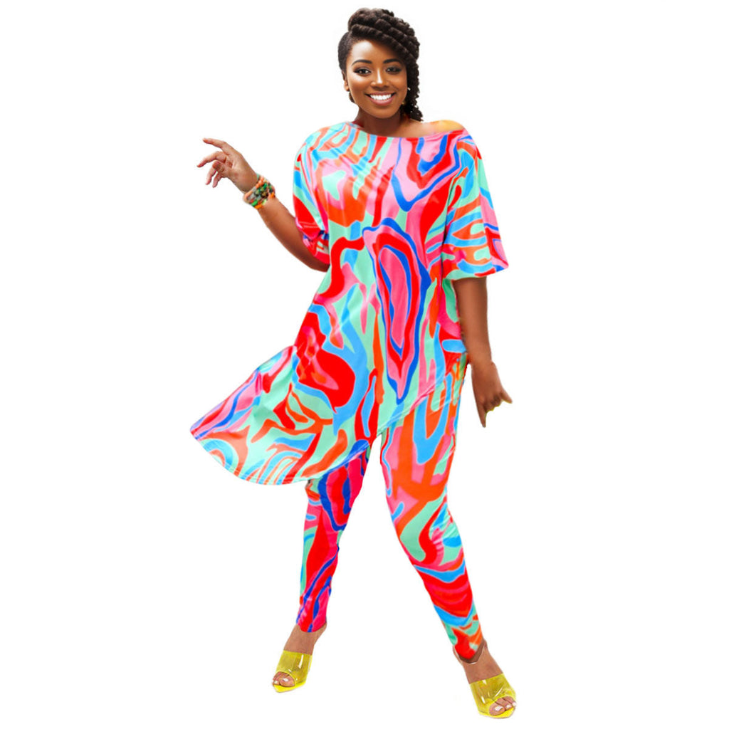 Plus Size 4XL Rainbow Asymmetric Set Stylish Casual Fashion
