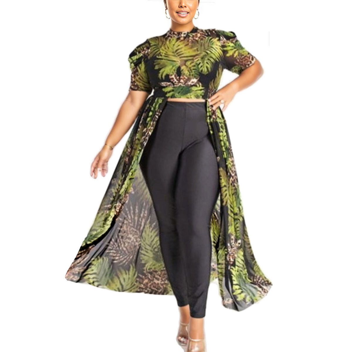 Plus Size 3XL Mesh Leaf Top with High-Low Hem, Trendy Casual Fashion