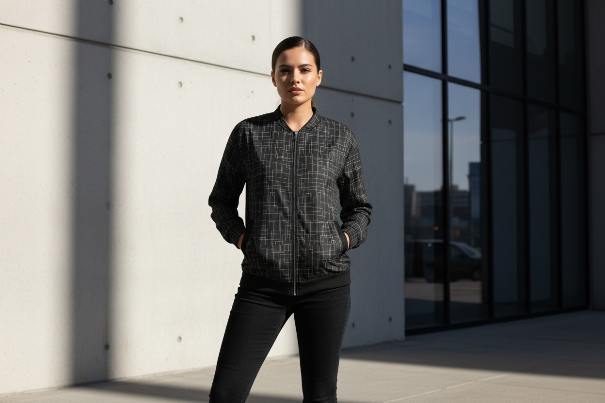 Architectural Silence Bomber Jacket – Limited Drop – Minimalist Brutalist Geometric All-Over Print Unisex