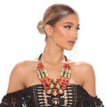 Gold Necklace with Red Stone Engraved Pendant Stylish Statement Jewelry
