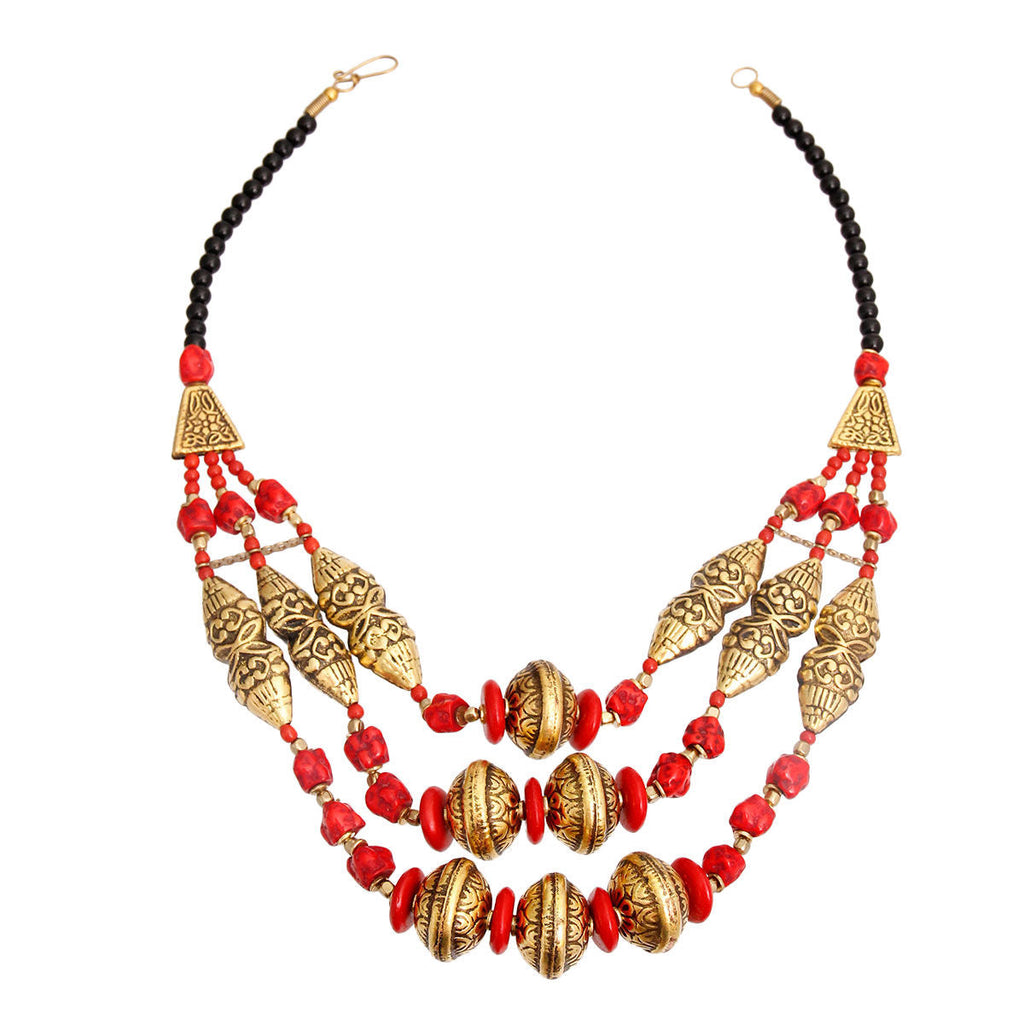 Gold Necklace with Red Stone Engraved Pendant Stylish Statement Jewelry
