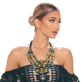 Statement Gold Necklace with Teal Stone Engraving, Stylish Fashion Jewelry