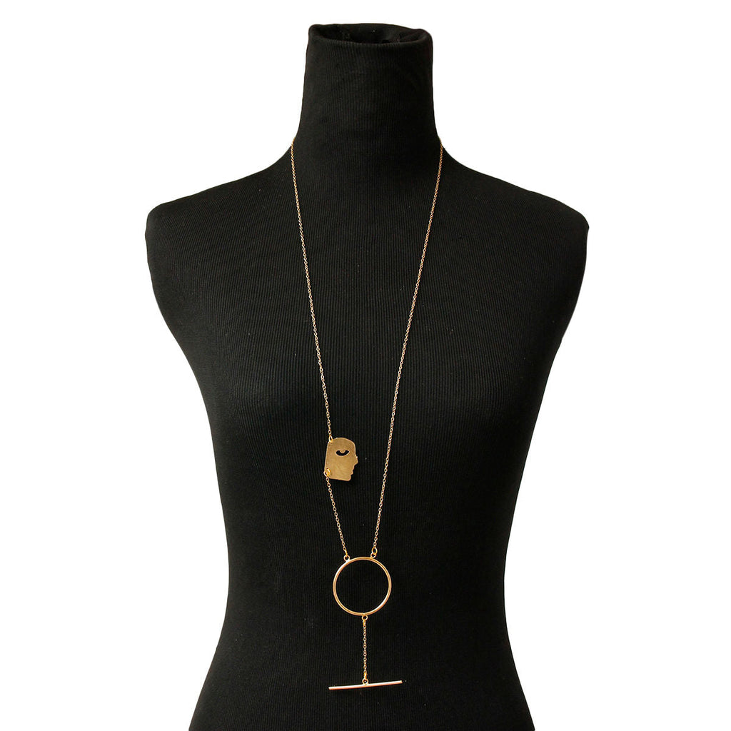 Face Pendant Necklace Gold Brass Stylish Statement Jewelry