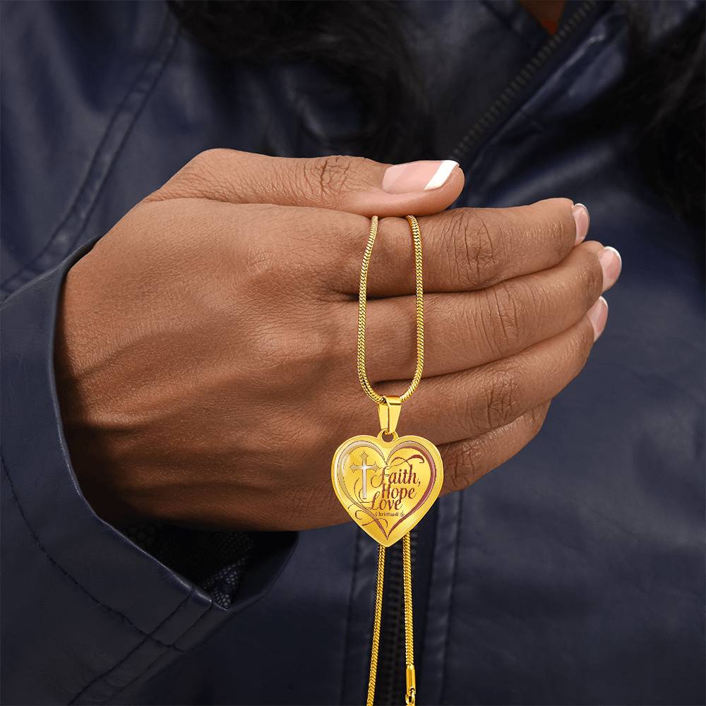 "Faith, Hope, Love" Heart Necklace with Your Personalized Message on the back