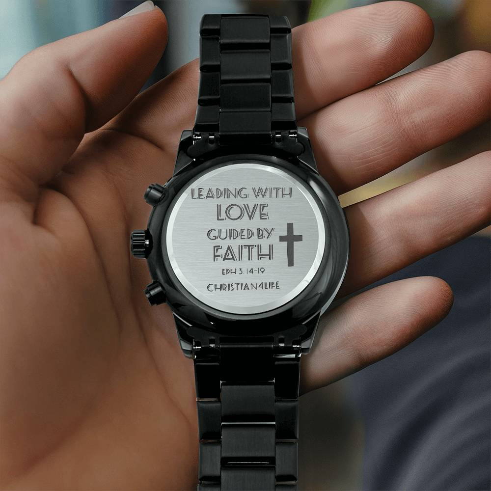 Leading with Love Engraved Design Black Chronograph Watch