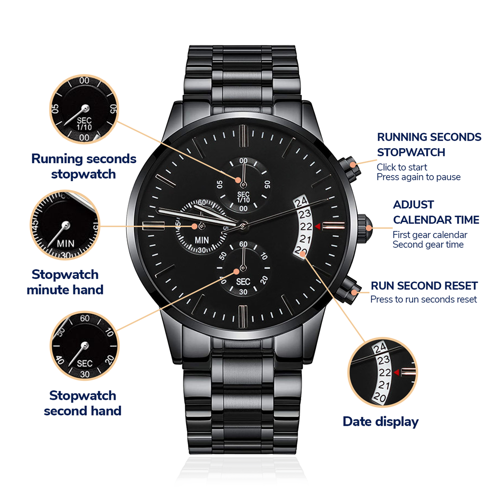 Leading with Love Engraved Design Black Chronograph Watch