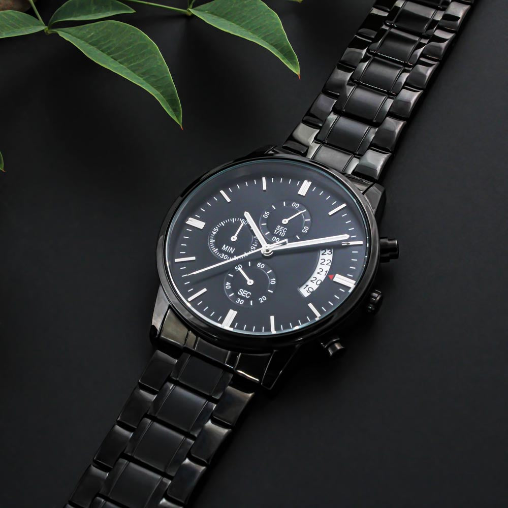 Leading with Love Engraved Design Black Chronograph Watch