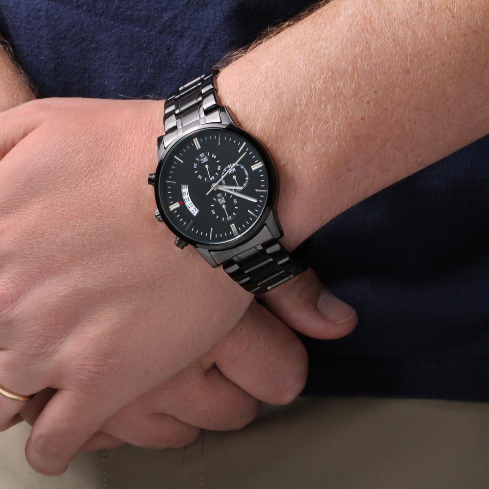 Leading with Love Engraved Design Black Chronograph Watch