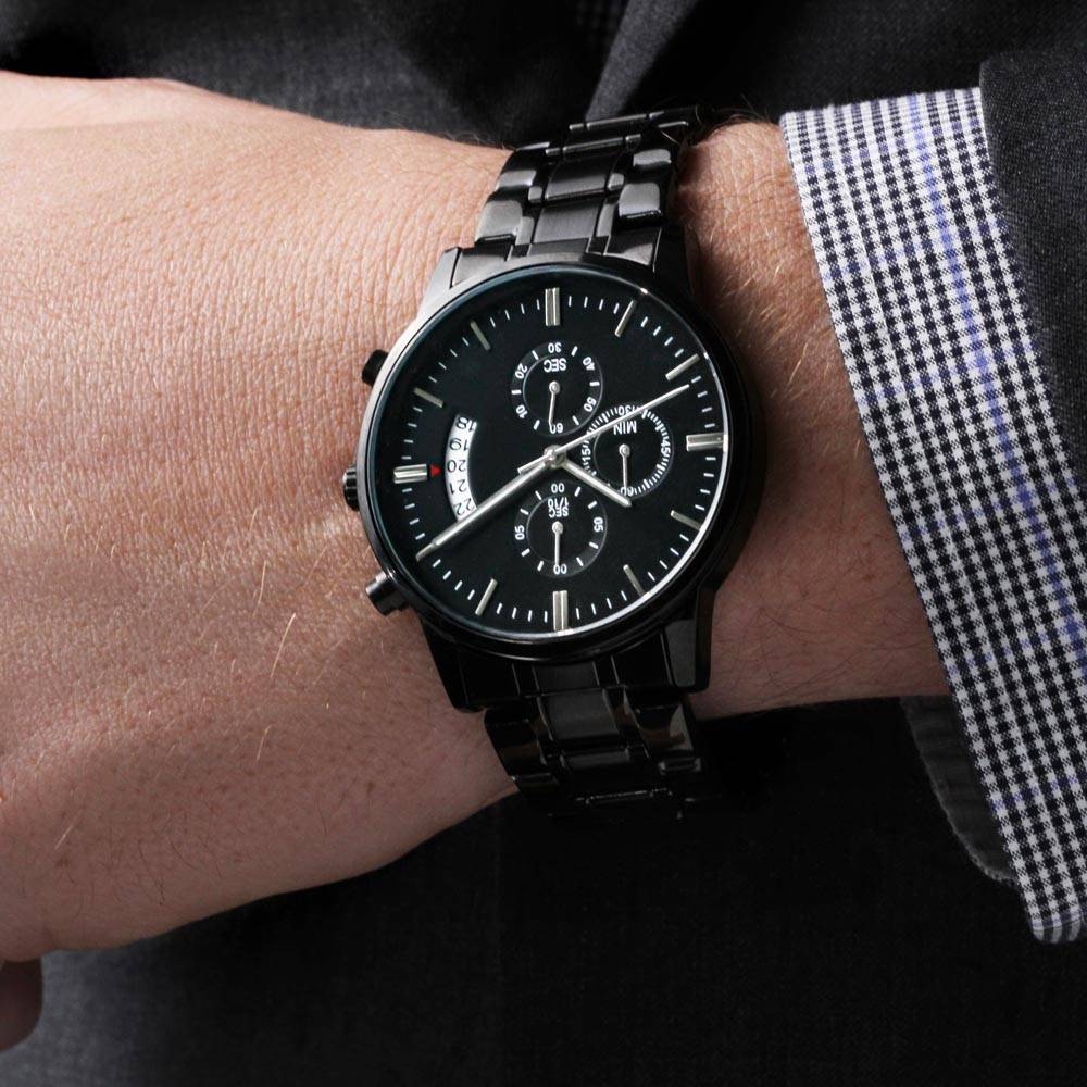 Leading with Love Engraved Design Black Chronograph Watch